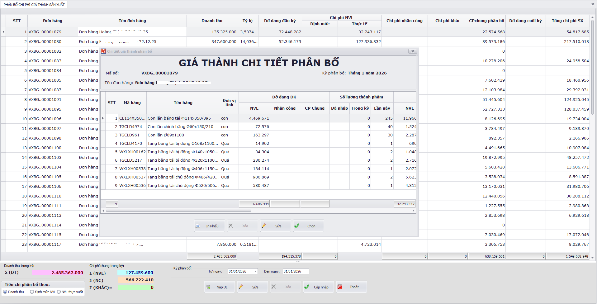 Giao diện phân bổ chi phí đơn hàng